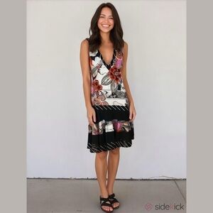 Joseph Ribkoff Floral Black and White Dress mixed media, V neck, size 12